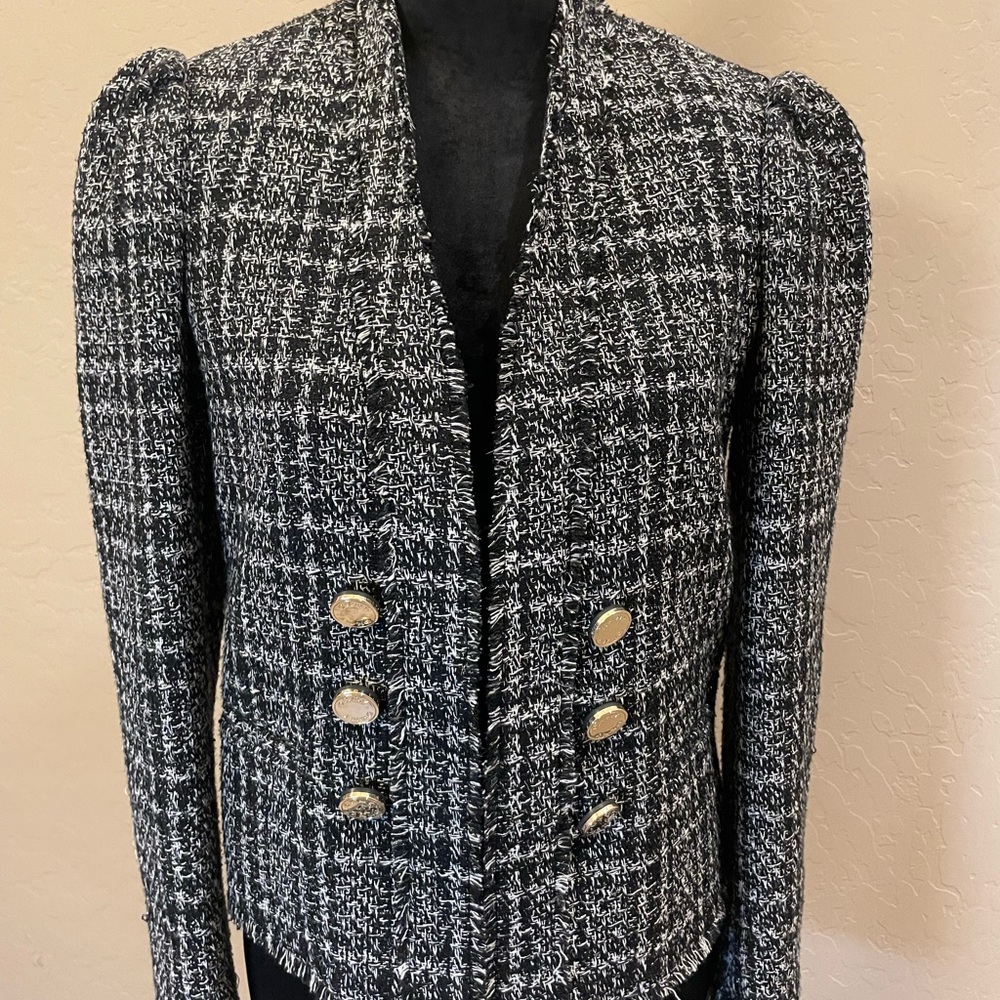 DKNY Black and White Tweed Blazer with Gold Buttons